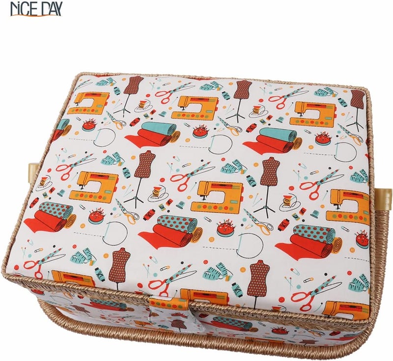 Nice Day Sewing Basket, Classic Fabric Design Sewing Kit Accessories Large Sewing Box Sewing Supplies Organizer and Storage Portable Sewing Kit Embroidery Box, 12.2 x 9.06 x 6.69 in（Big/Sewing Theme White） - Image 4